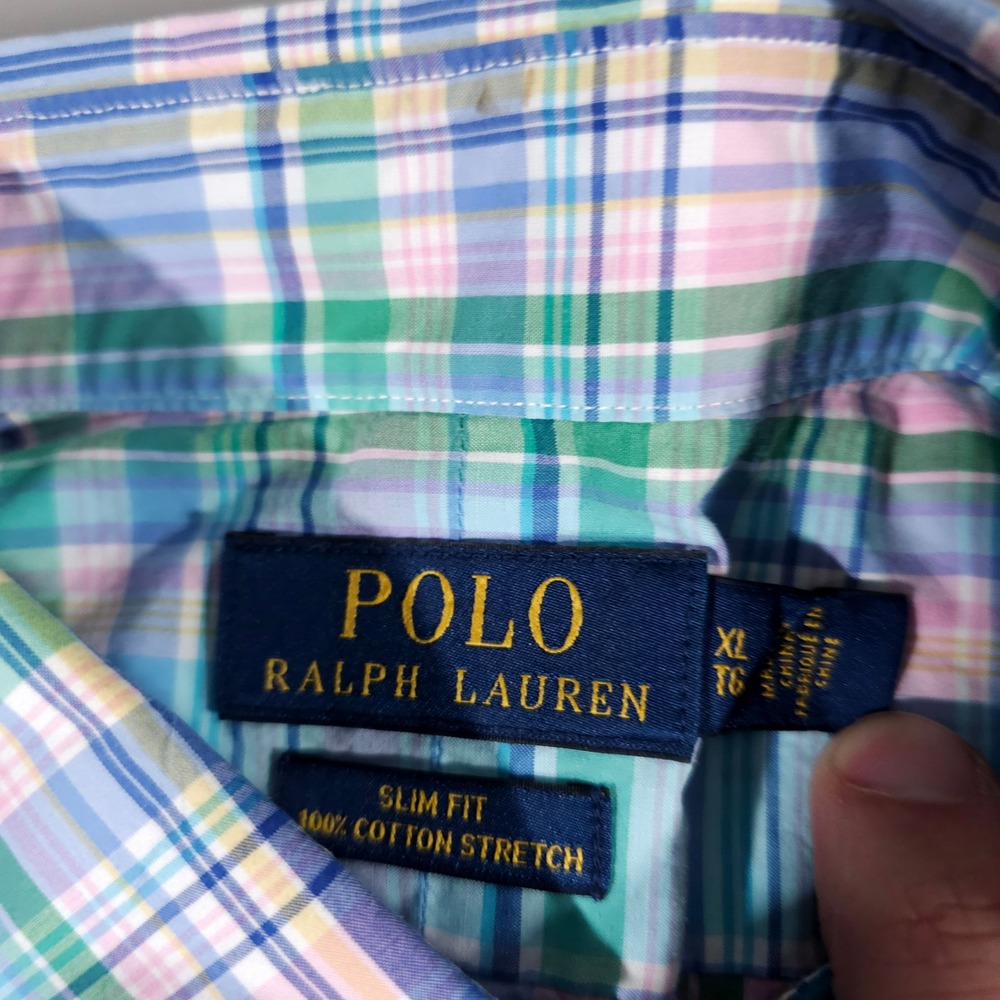 Polo Ralph Lauren Button Down Mens XL Blue Green Pink Plaid Slim Fit Stretch - Picture 2 of 7